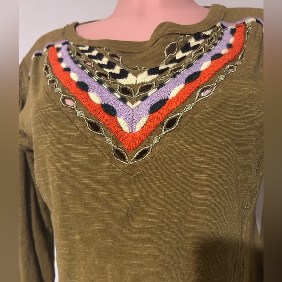 Free People Boho Moss Green Top Long Sleeve Embroidered Size XS - Picture 4 of 10
